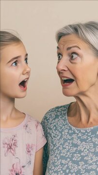 A heartwarming moment between generations. The young girl is expressing surprise or excitement as she talks to her older relative. They both wear warm smiles that reflect a loving bond.