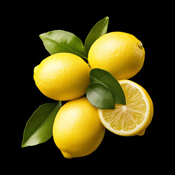 Fresh lemons with leaves and water drops isolated on black background with clipping path, symbolizing freshness and purity