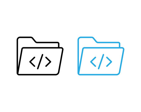 Folder icon with programming code tags vector line symbol for software development and directory management.