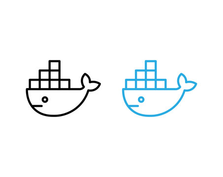 Docker whale containerization technology outline icon set symbolizing cloud computing, devops, and software