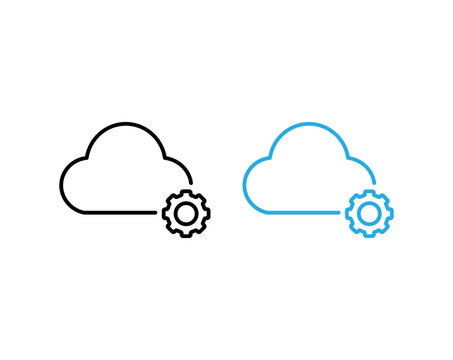 Cloud computing network with gear setting vector line icon for remote data storage and server management.