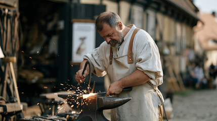 Obraz premium Blacksmith working at an anvil in rain-soaked cobblestone alley viewed over his broad shoulder, sparks flying from a curved metal hook as a pet weight management poster is pinned