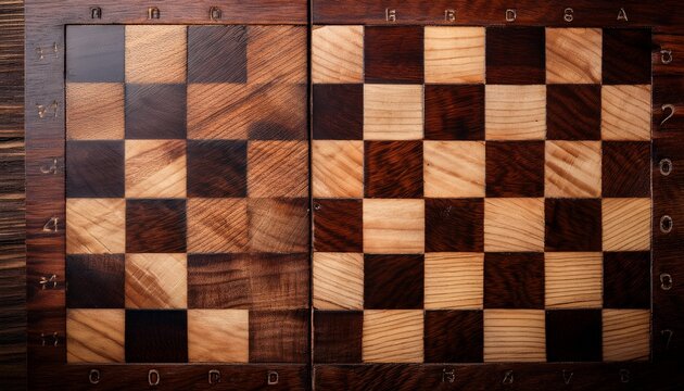 wooden checker board pattern background on worn game board surface with alternating light and dark squares close up texture and aged wood grain detail