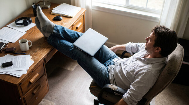 Man office chair relaxing laptop desk home window work casual male relaxing in office chair with feet on desk and laptop on lap near window in home workspace, calm casual break