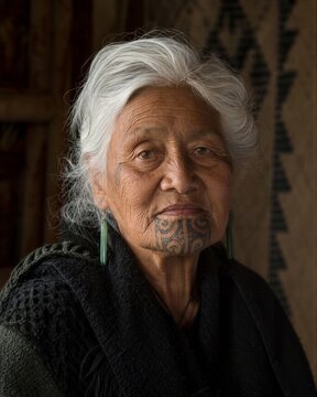 Elderly Maori woman with traditional facial tattoo in close portrait. Indigenous identity, cultural heritage, local community and ancestral tradition.