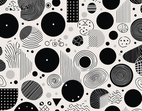 black and white abstract pattern with irregular shapes and circles