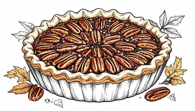 Traditional pecan pie illustration with fallen autumn leaves.