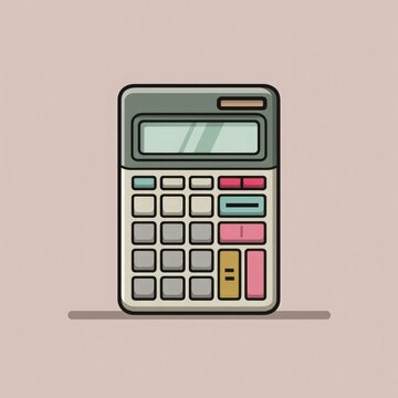 An illustration of a vintage-style calculator with pastel colors stands centered against a soft tan background, casting a subtle shadow beneath it; it is retro design.