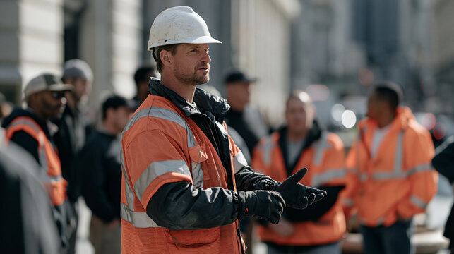 A sewage infrastructure engineer in reflective gear stands at a crowded urban drain inspection site addressing a small public health briefing, residents and maintenance workers