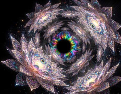Tunnel ipnotico di fiori di loto iridato con occhio cosmico centrale