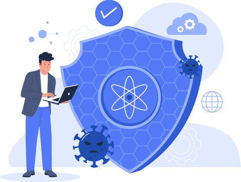 Quantum Encryption Shield Cyber Defense Flat Vector. Flat vector graphic depicting a quantum encryption shield deflecting malicious cyber threats from cloud data.