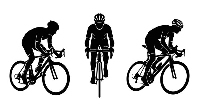 Professional road cycling race athlete silhouettes set.