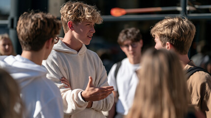 Obraz premium Teen debate club members argue passionately under harsh noon sun outside a glass blowing studio, molten glass on a rod glowing behind a window, competitive youth rhetoric skill
