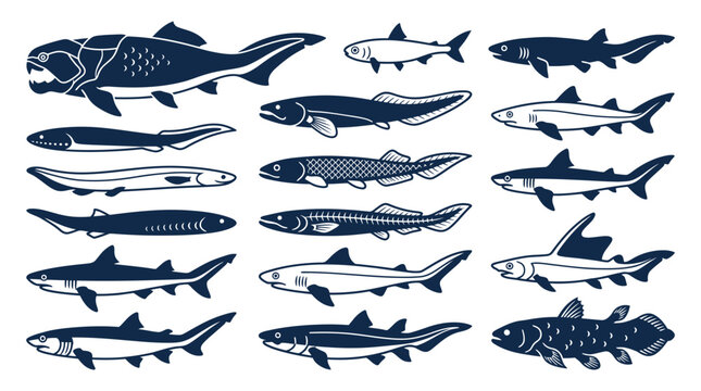 Collection of Prehistoric and Modern Fish Silhouettes Isolated