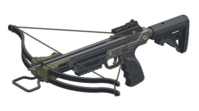 Modern tactical crossbow illustration with military green body isolated on white background