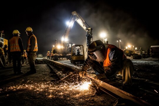 Welder cutting rail track at night while construction workers and heavy machinery operate on a local urban infrastructure project.