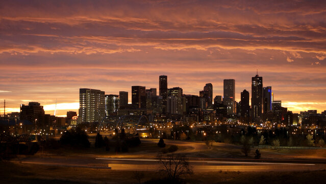 Downtown Denver Skyline at Dawn with Dramatic Sunrise