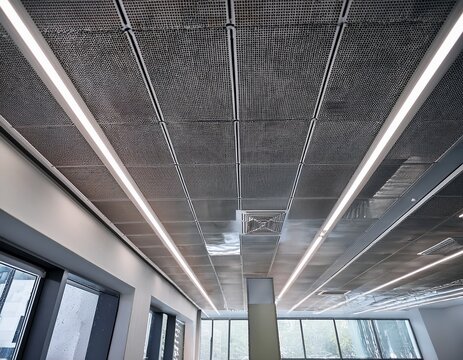 suspended acoustic ceiling with grid tiles and integrated linear led and recessed lights in modern office interior visible ventilation diffusers and neutral tonal finish for commercial space