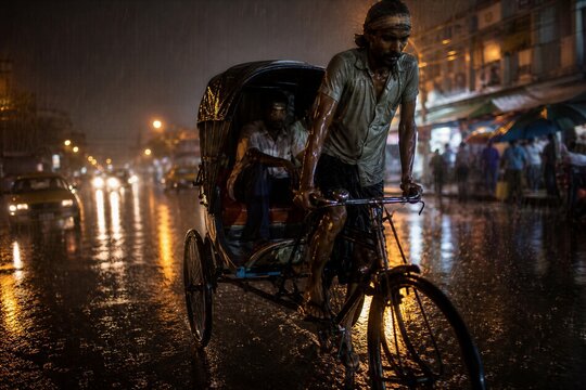 Man driving a cycle rickshaw with passenger through a rainy local city street at night. Urban transport, working life, monsoon travel and authentic neighborhood atmosphere.