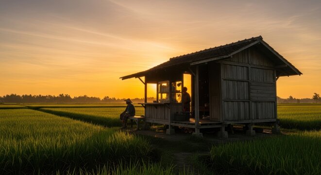 Silhouette of a farmer resting in a hut at sunset in a rice field.