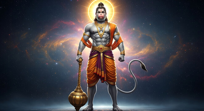 Majestic lord hanuman standing with gada against a cosmic nebula background