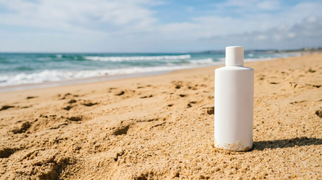 A white bottle of sunscreen stands upright in the wet sand on a beach with the ocean and sky in the background.
