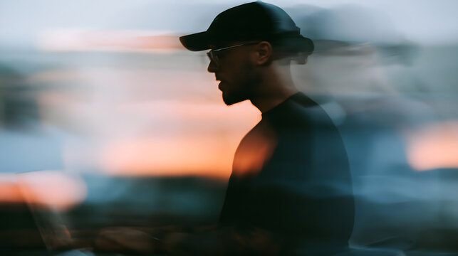 Urban Haze: A man wearing a baseball cap and eyeglasses is silhouetted against a blurred urban landscape at dusk, the warm hues of the sunset creating an atmospheric and moody portrait.