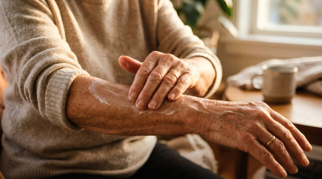 An elderly person applies moisturizing lotion to their forearm, showcasing aged skin and the act of personal care.