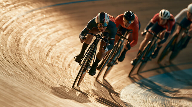 Track Cycling Race: A thrilling track cycling race unfolds as determined athletes lean into a sharp turn.