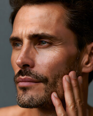 Fototapeta premium Man with Beard Touching Face, Close-Up Portrait with Detailed Skin Texture, Men's Grooming Concept