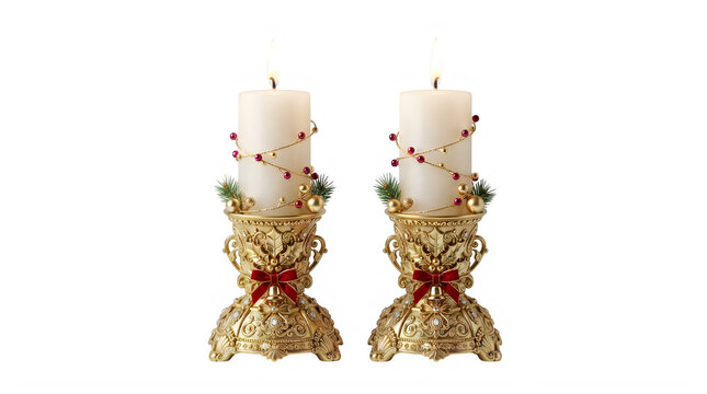 Two decorative christmas candles in ornate gold candle holders isolated on transparent background