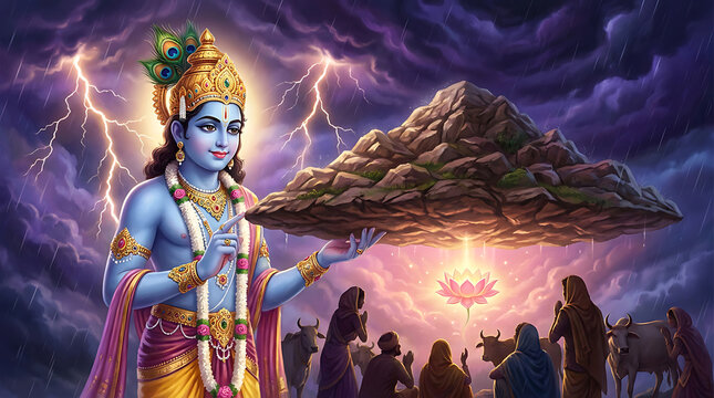 Lord krishna lifting govardhan hill to protect the people and cattle from a storm