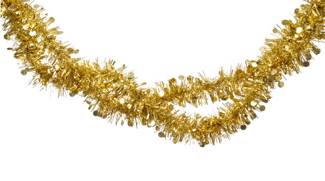 Shiny golden christmas tinsel garland decoration isolated on transparent background