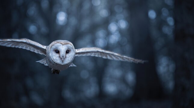 Barn Owl Flying Towards Camera in Dark Forest at Night