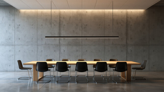Modern Empty Conference Room with Concrete Wall and Wooden Table