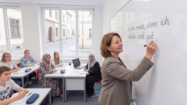 Middle-aged European Teacher Writes German Sentence Structure on Whiteboard