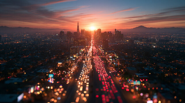 City Skyline and Busy Highway Traffic During Sunset