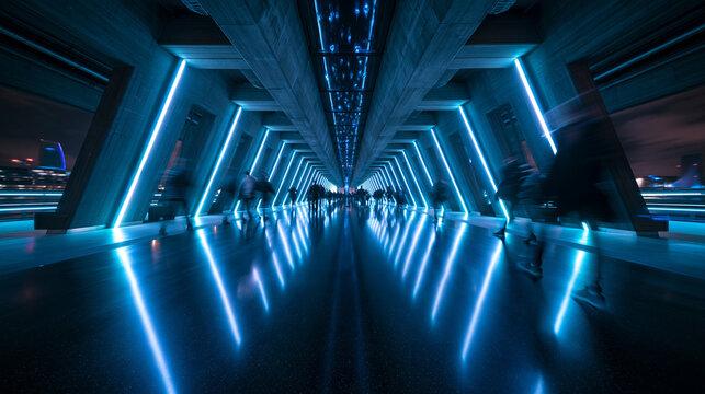 Futuristic City Corridor with Neon Blue Lighting and Motion Blur