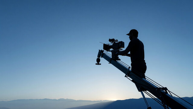 Silhouette camera operator operating cinema camera on camera crane at sunrise, professional film production and video content creation