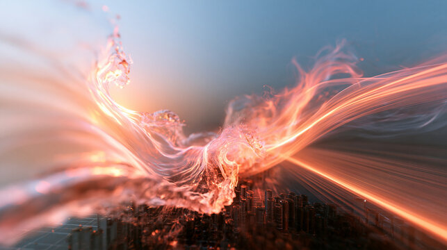Abstract Glowing Light Wave Flying Over Futuristic Cityscape