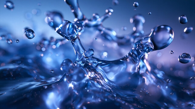 Macro Water Splash with Droplets on Blue Background