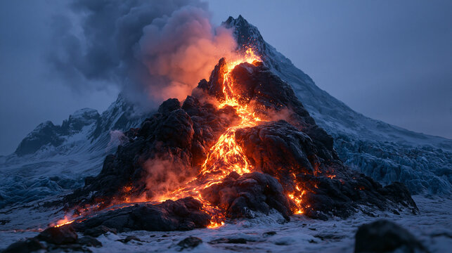 Active Volcano Erupting Glowing Lava on Snowy Mountain Peak