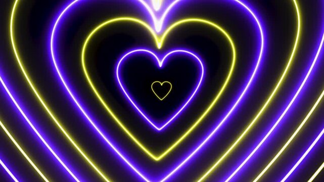 Purple and Yellow Neon Hearts Zoom Loop Background