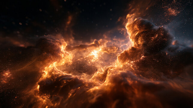 Cosmic Nebula with Fiery Glowing Clouds in Deep Space