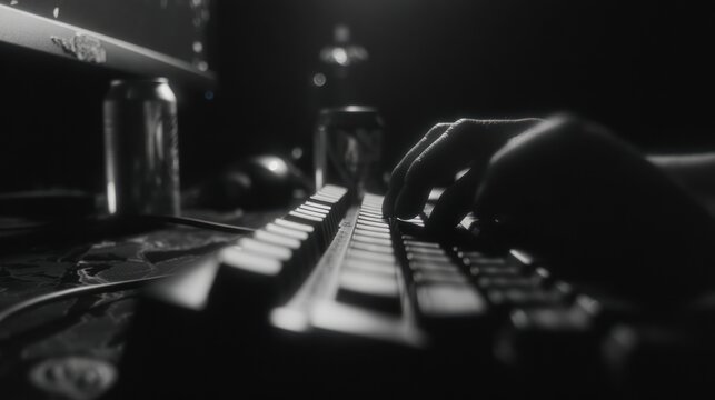 Hands typing on keyboard in monochrome low key lighting copy space