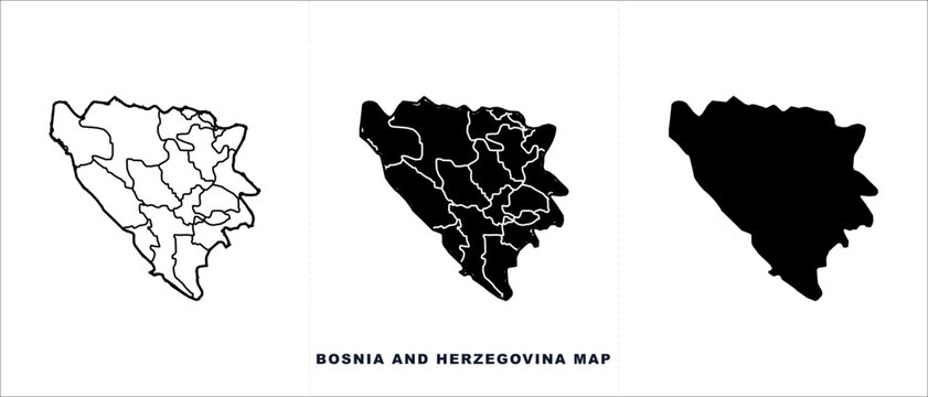 Bosnia and Herzegovina map vector set, black silhouette and outline borders, minimalist geographic country icons for infographics