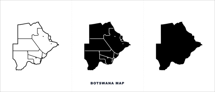 Botswana map vector set, black silhouette and outline administrative borders, 3 map elements for geography and travel infographics