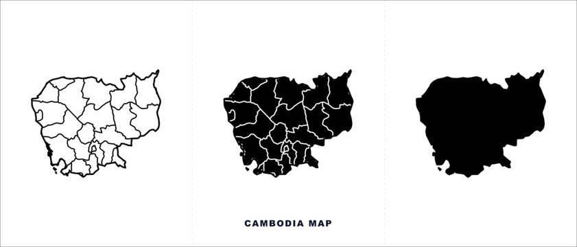 Cambodia map vector set, administrative province borders in black and white, minimalist country silhouette icons for infographics