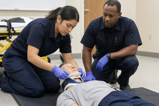 EMT Student Applying Cervical Collar on Training Mannequin