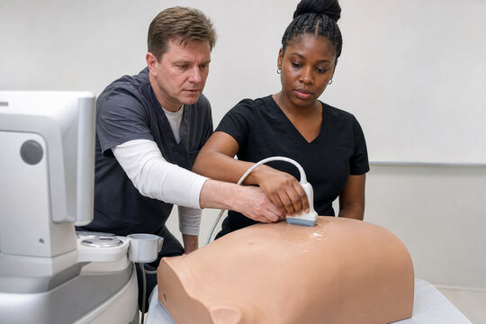 Ultrasound Student Practicing Abdominal Scan on Simulator